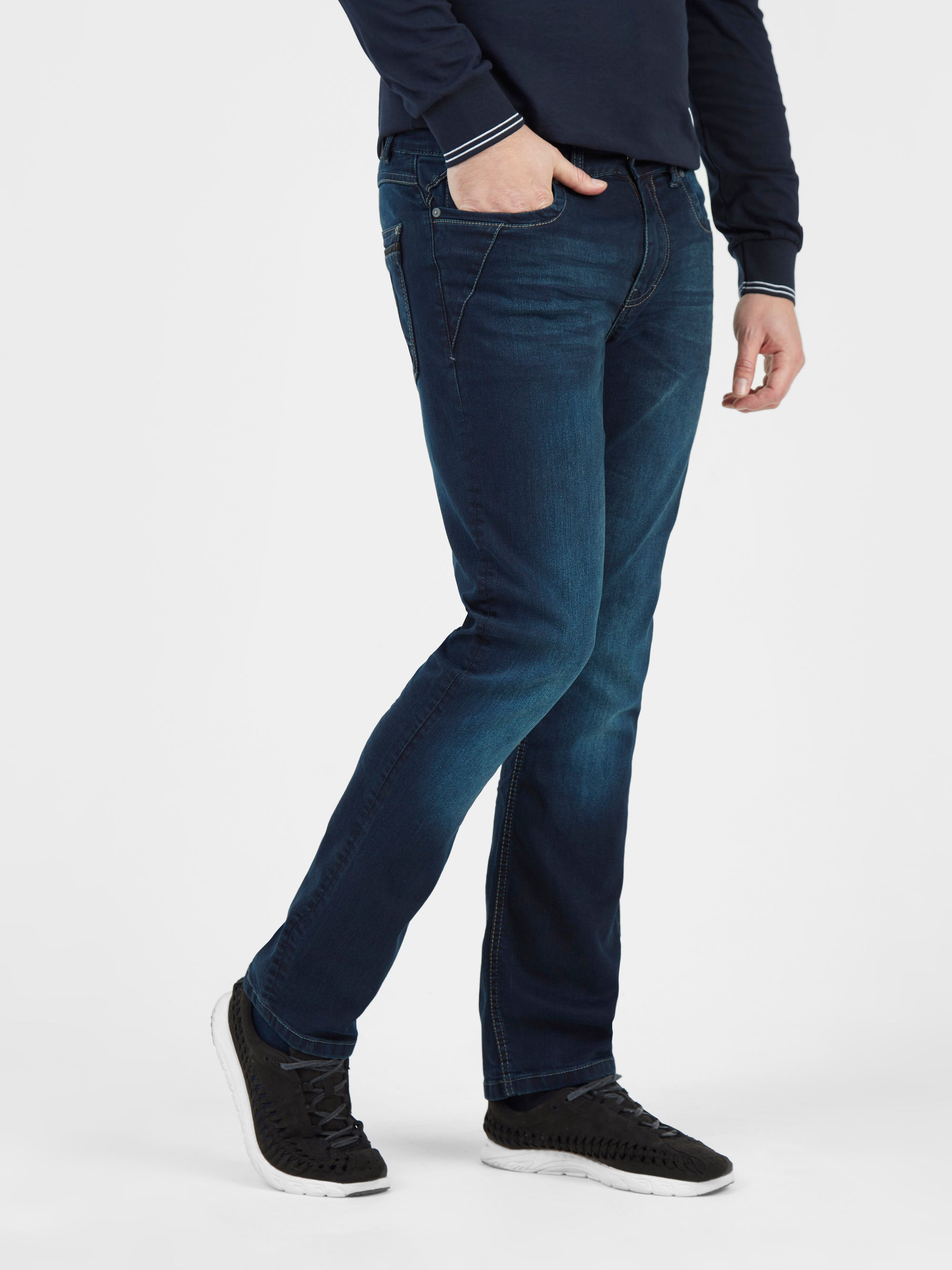 Tapered fit mid stretch deep blue wash mens denim jeans mish mash