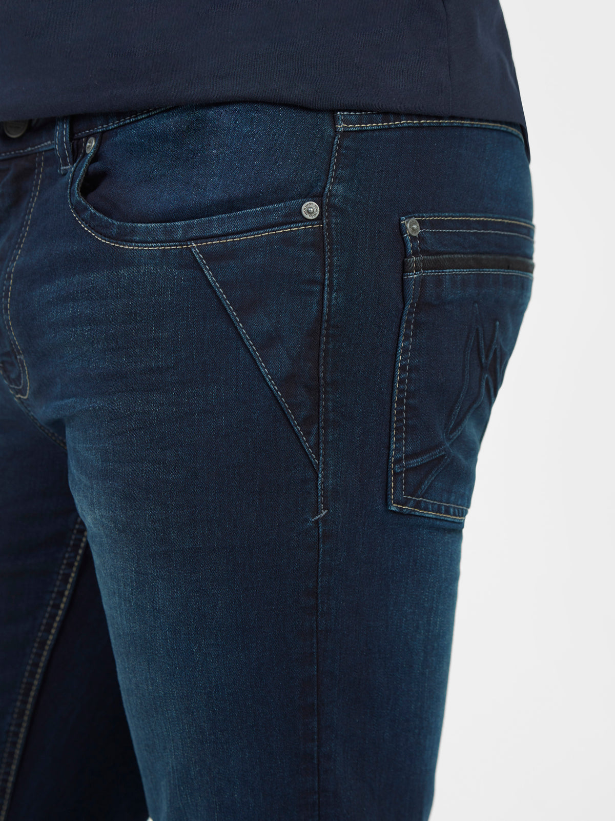 Tapered fit mid stretch deep blue wash mens denim jeans mish mash