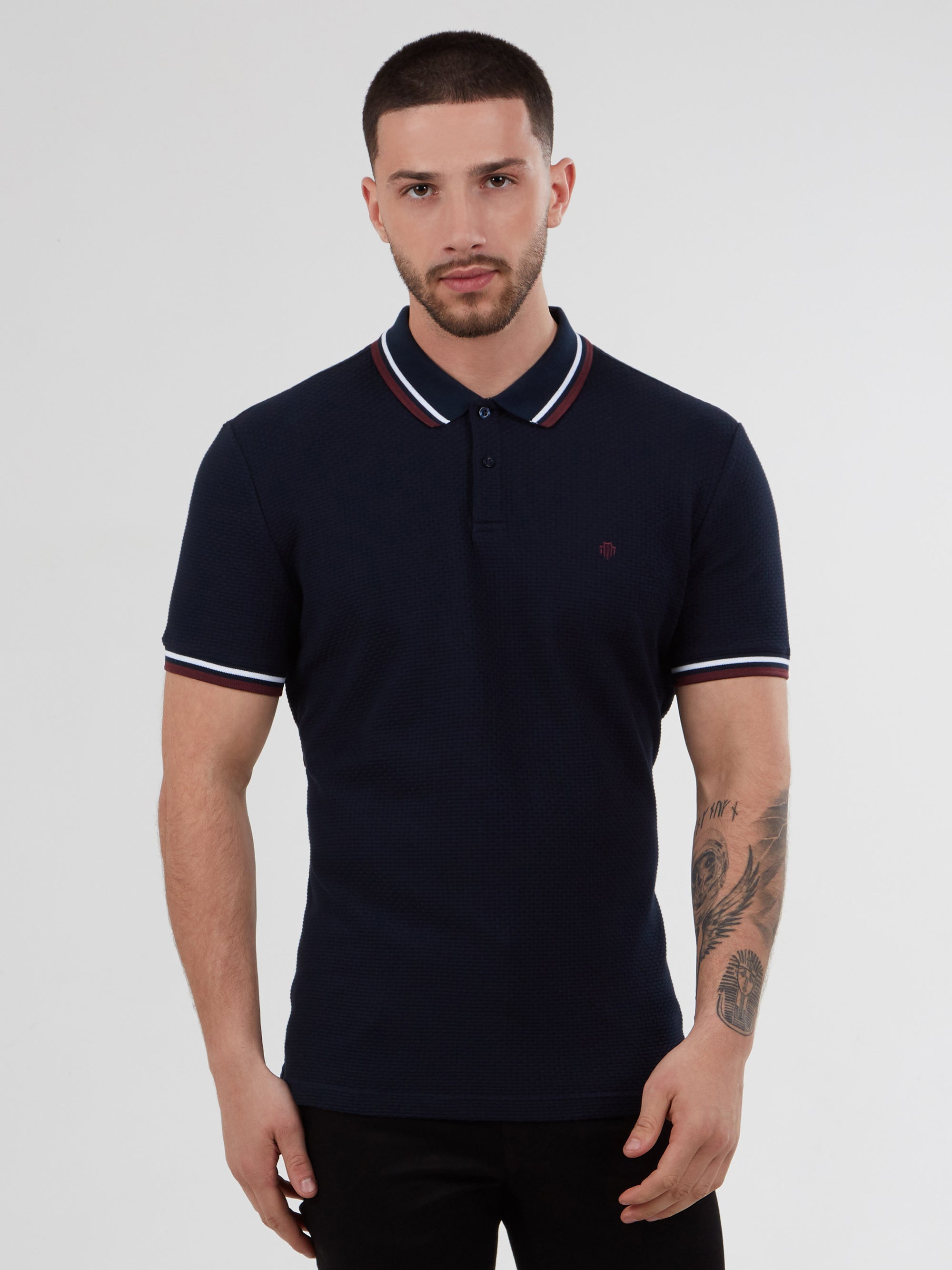 Regular Fit Textured Cotton Jersey Stockholm Navy/Burgundy Polo