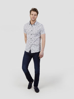 Regular fit mens tribal inspired print monochrome white black short sleeve shirt mish mash jeans