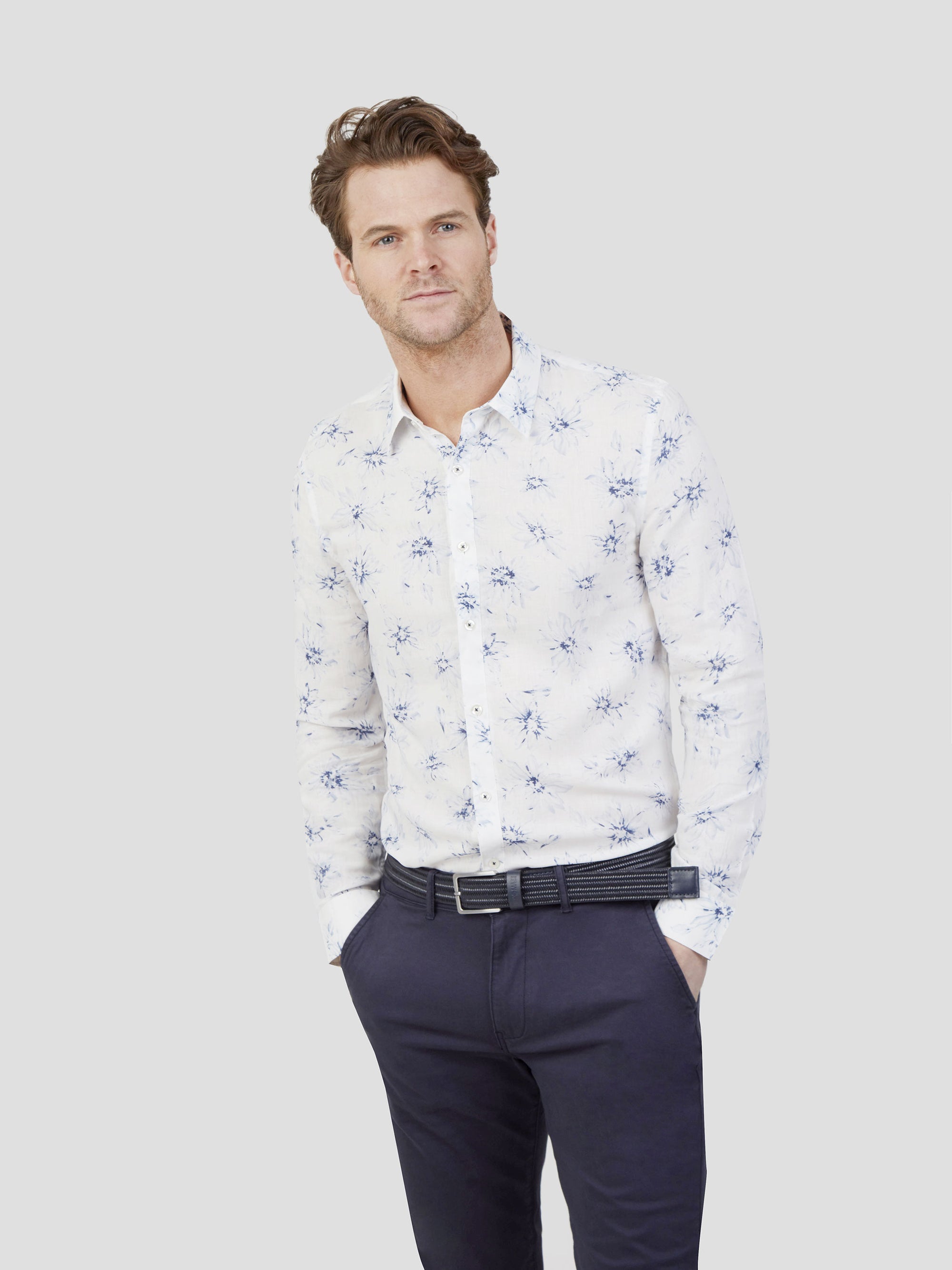 Regular Fit Bora White/Blue Floral Long Sleeve Shirt