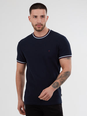 Regular fit waffle-like texture cotton navy short sleeve T-shirt with burgundy tipping mish mash jeans