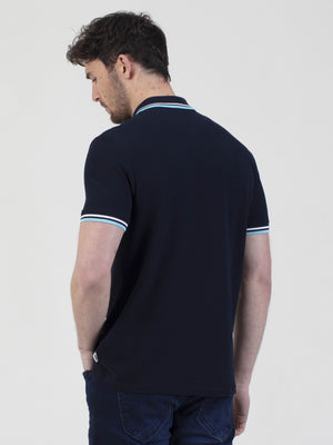 Regular fit mens cotton textured jersey with sport collar tipping navy short sleeve polo mish mash jeans