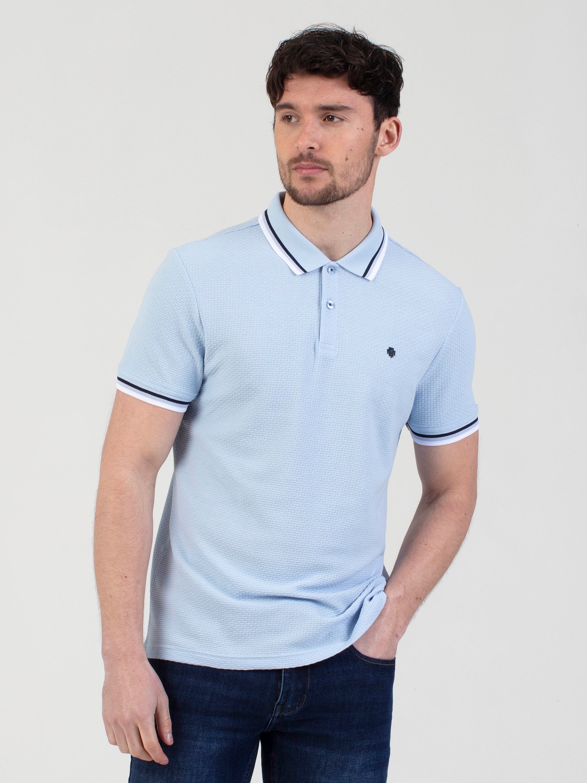 Regular fit mens cotton textured jersey with sport collar tipping sky light blue short sleeve polo mish mash jeans