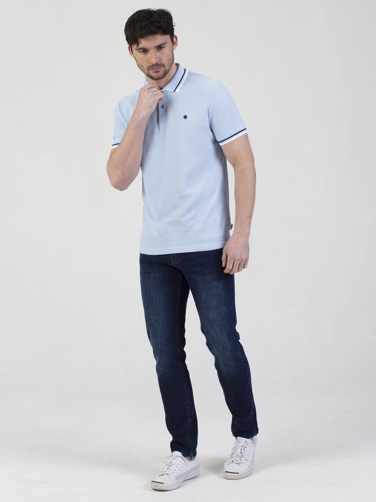 Regular fit mens cotton textured jersey with sport collar tipping sky light blue short sleeve polo mish mash jeans