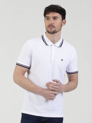 Regular fit mens cotton textured jersey with sport collar tipping white short sleeve polo mish mash jeans