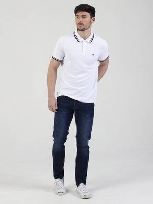 Regular fit mens cotton textured jersey with sport collar tipping white short sleeve polo mish mash jeans