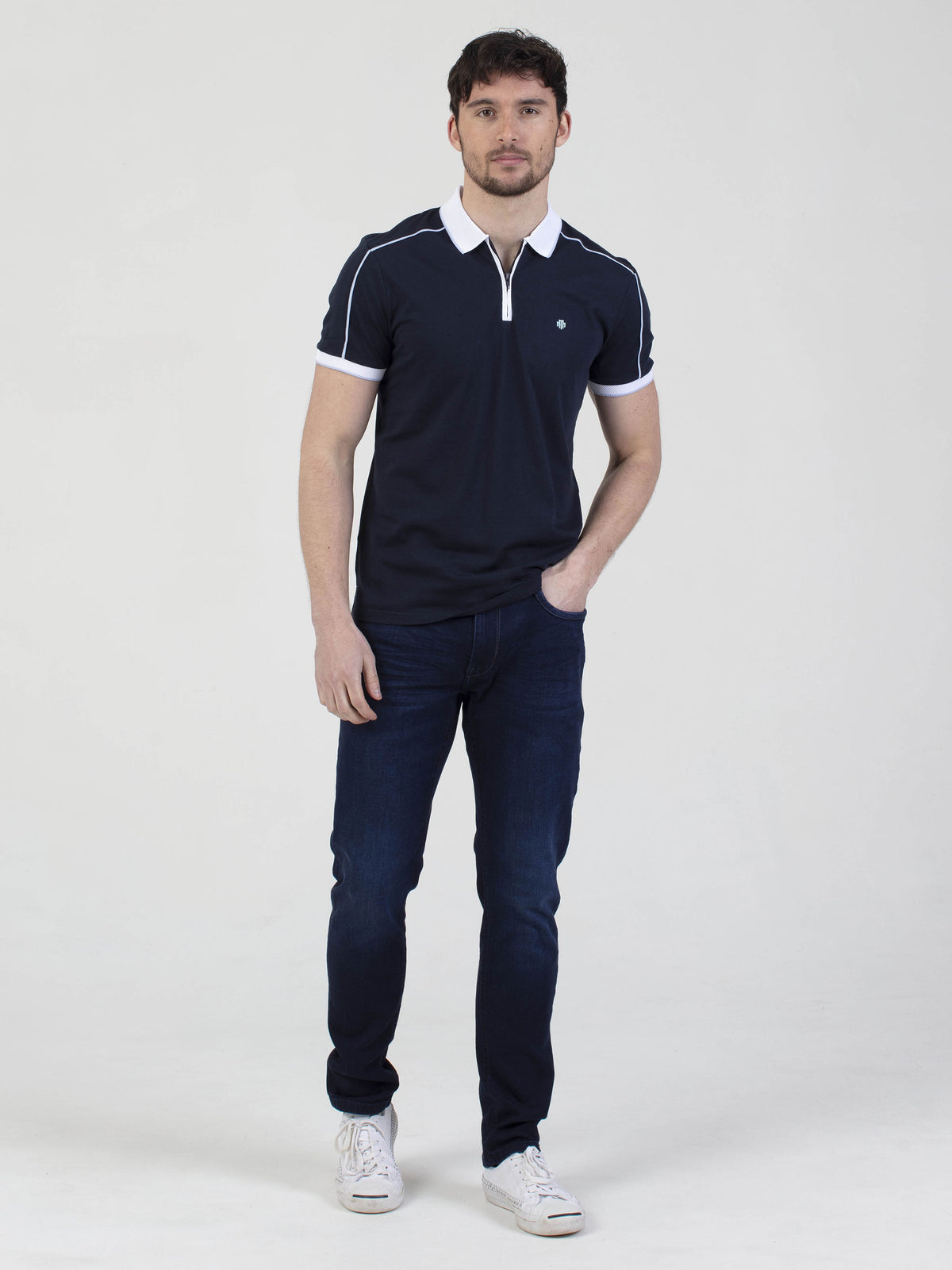 Regular fit mens cotton jersey sport inspired navy blue short sleeve polo mish mash jeans