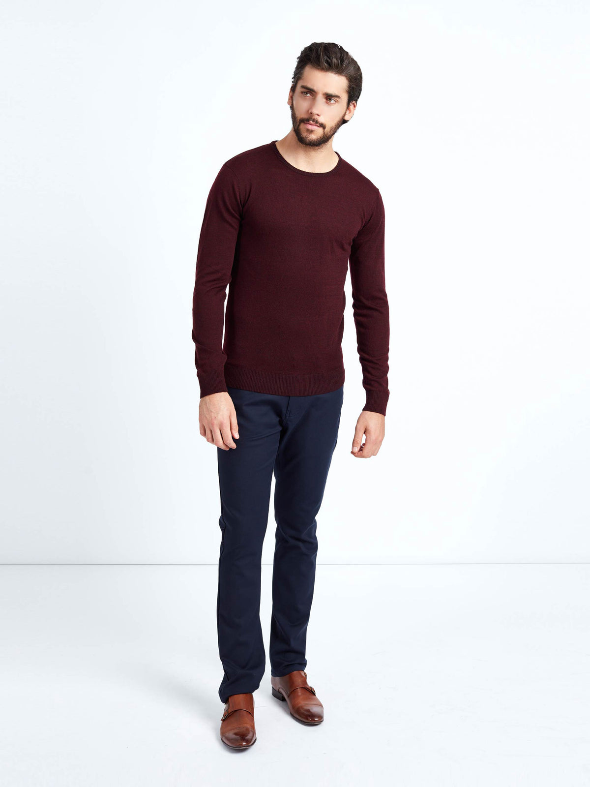 Regular fit wool blend burgundy long sleeve knitted crew neck mish mash