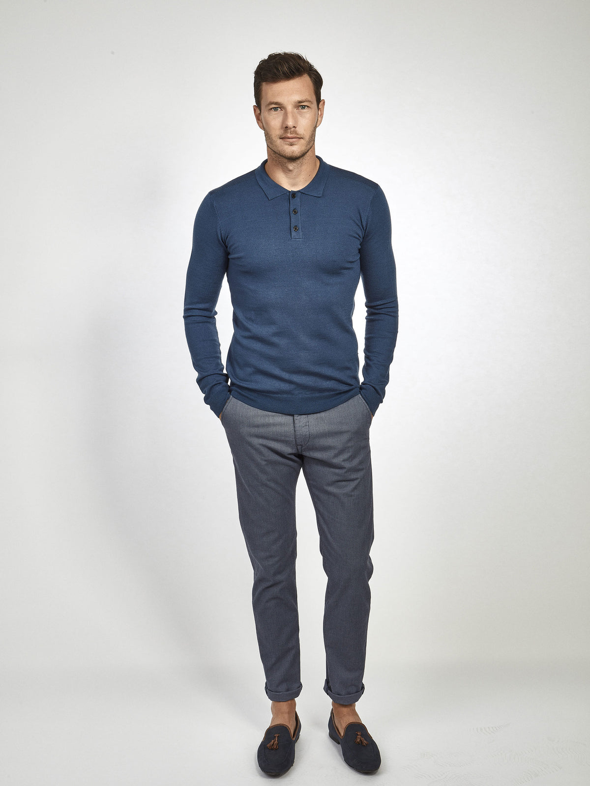 Regular fit wool blend navy long sleeve knitted polo mish mash