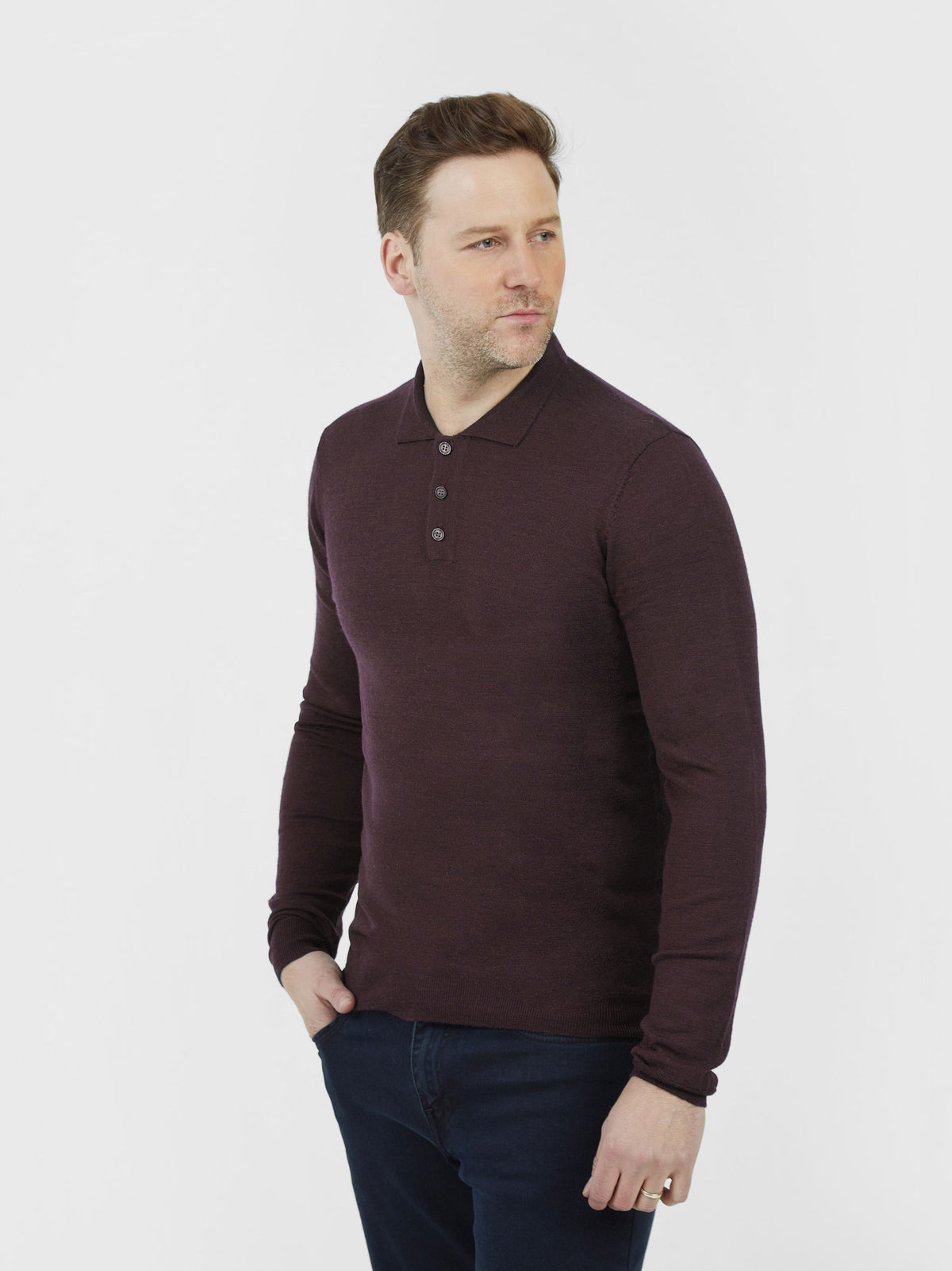 Regular fit wool blend plum long sleeve knitted polo mish mash