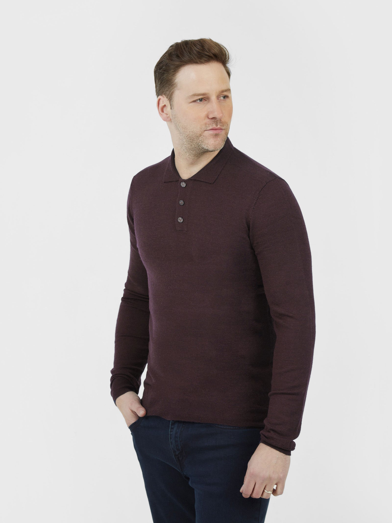Regular fit wool blend plum long sleeve knitted polo mish mash
