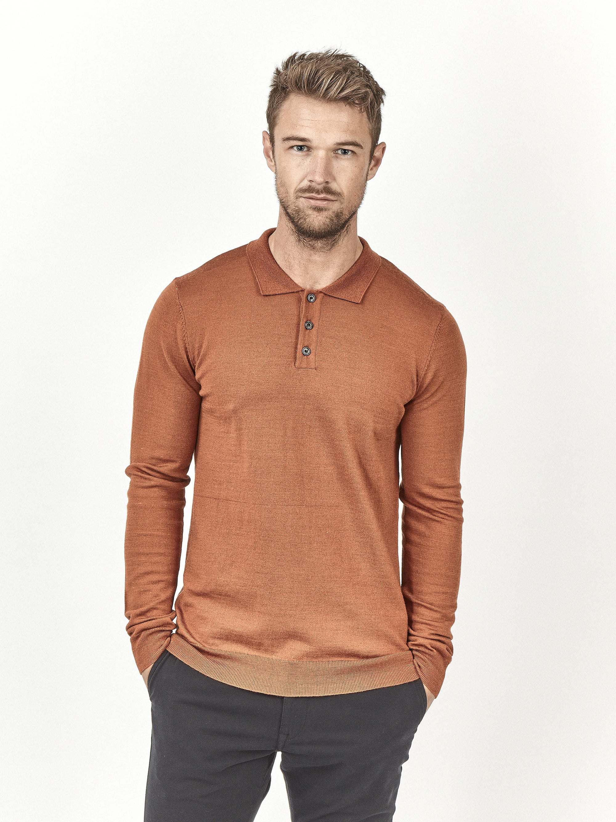 Regular fit wool blend rust long sleeve knitted polo mish mash
