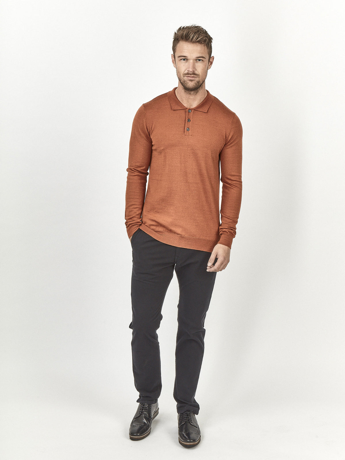 Regular fit wool blend rust long sleeve knitted polo mish mash