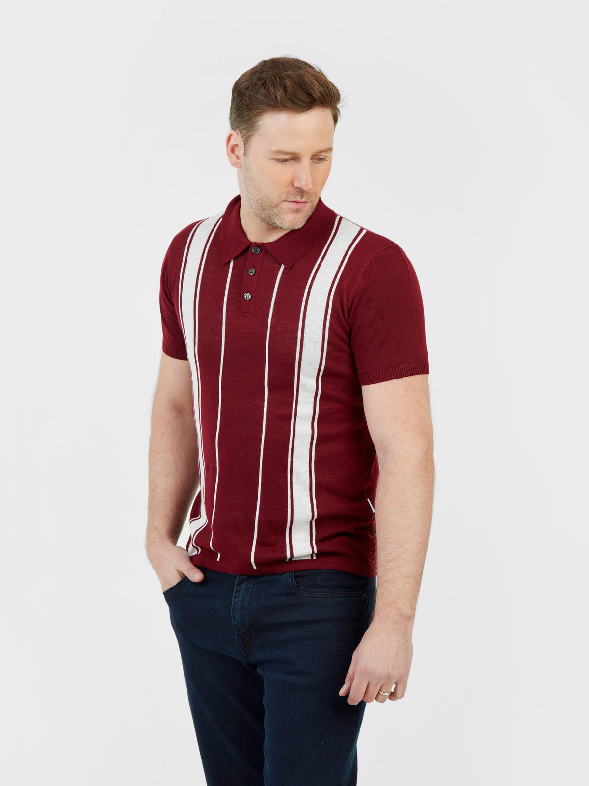 Regular fit wool blend burgundy and white stripe short sleeve knitted polo mish mash