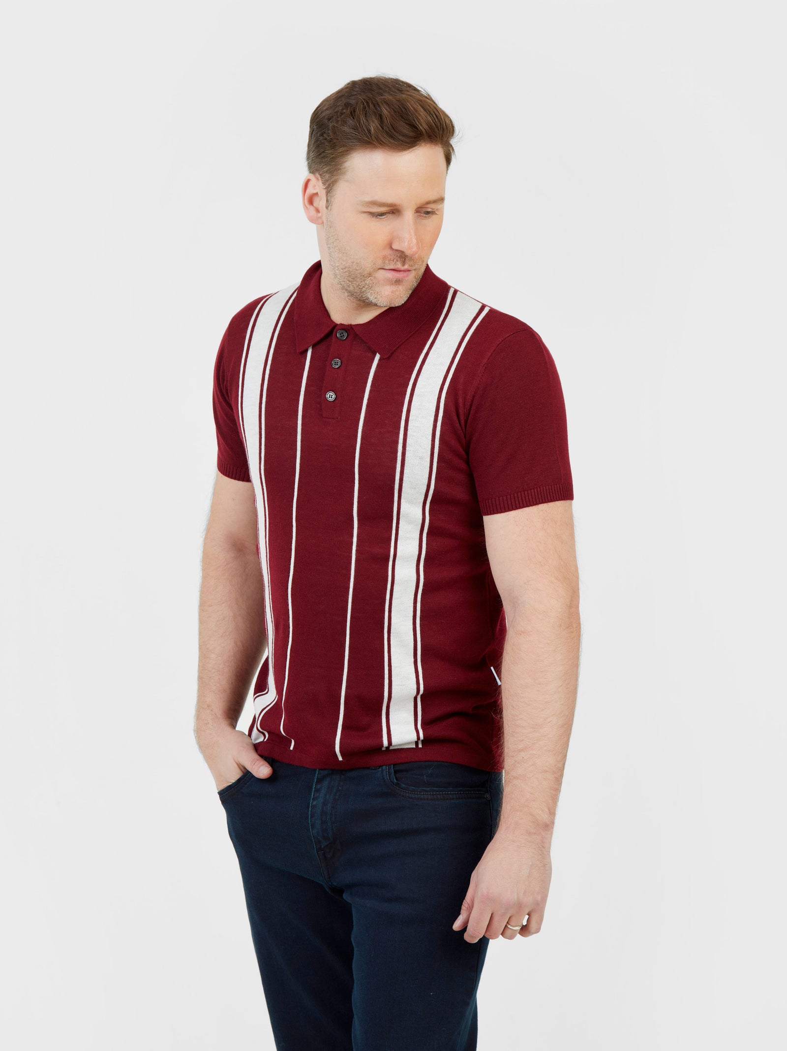 Regular fit wool blend burgundy and white stripe short sleeve knitted polo mish mash