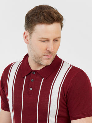 Regular fit wool blend burgundy and white stripe short sleeve knitted polo mish mash