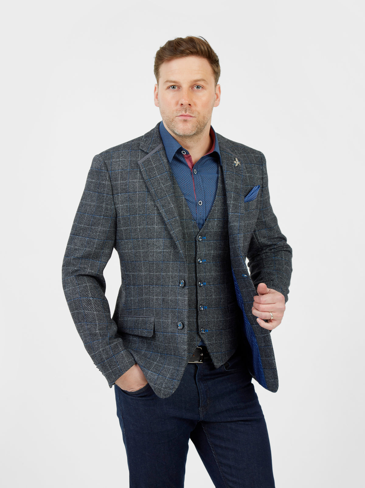 Regular fit tailored grey and blue check single breasted blazer Mish Mash