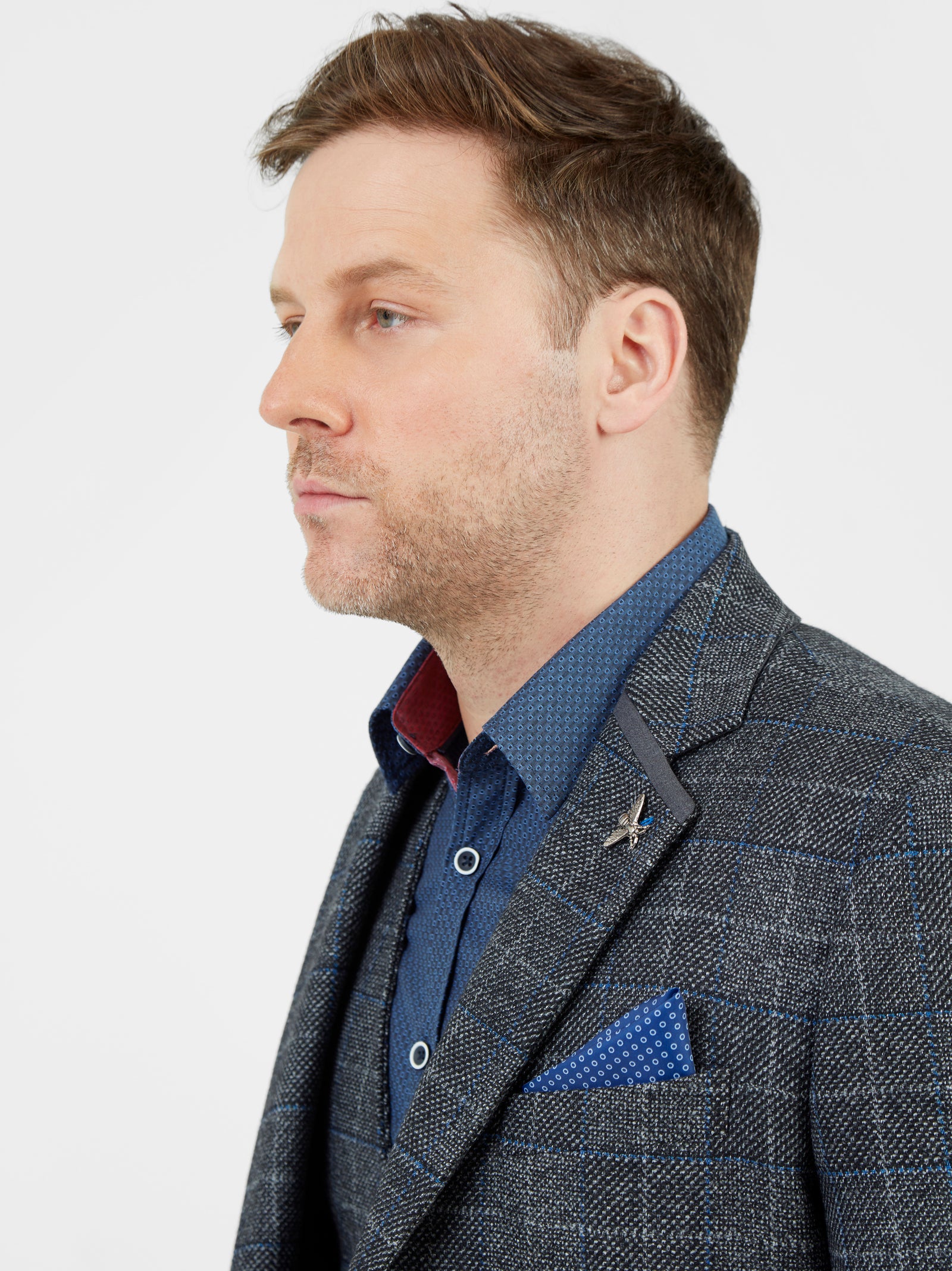 Regular fit tailored grey and blue check single breasted blazer Mish Mash