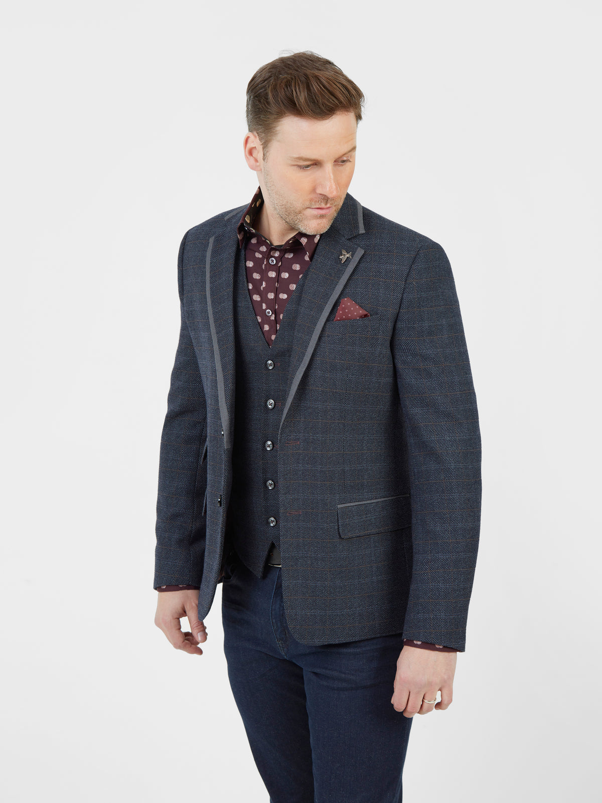 Regular fit grey and burgundy tailored single breasted check blazer Mish Mash