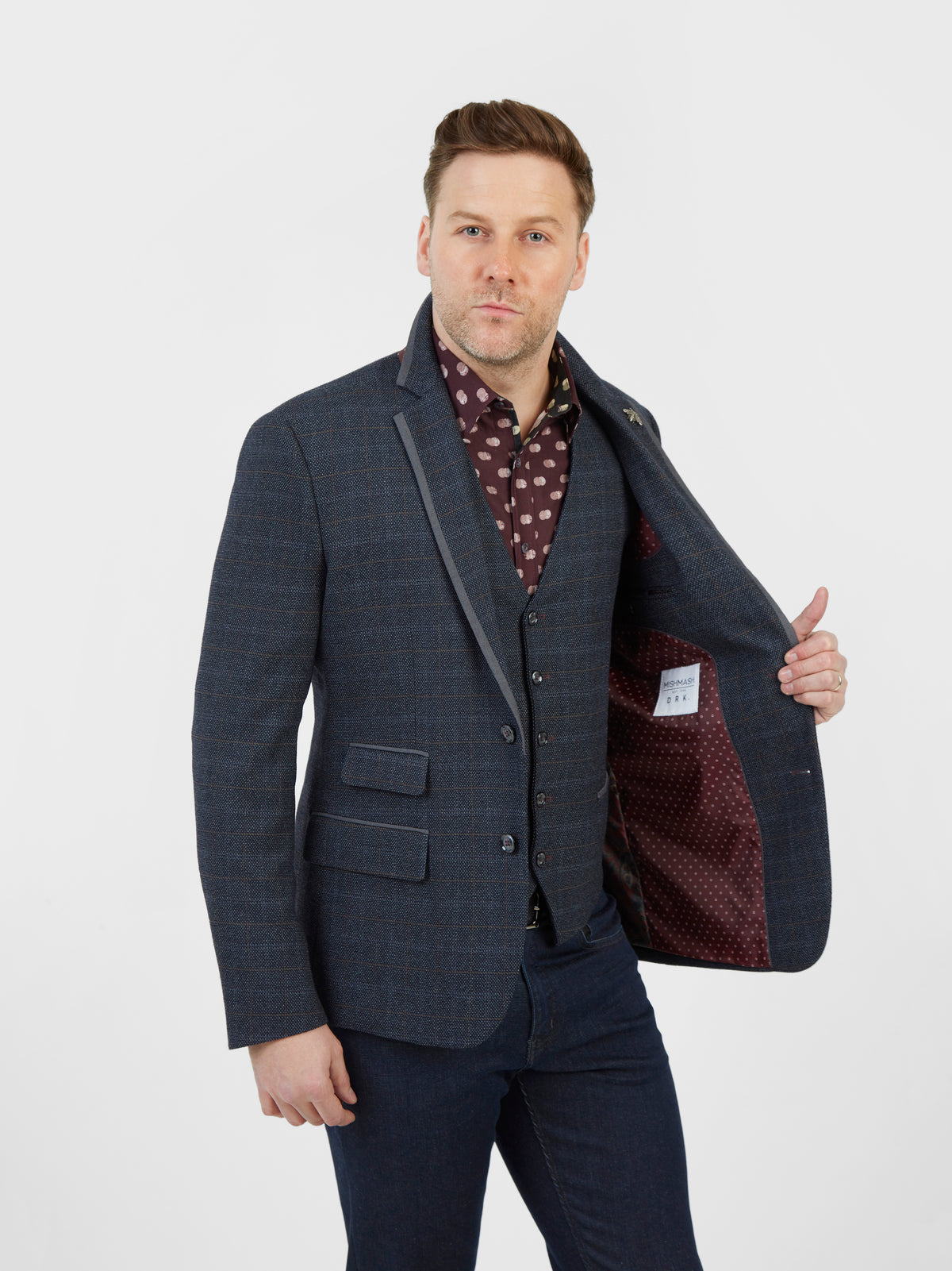 Regular fit grey and burgundy tailored single breasted check blazer Mish Mash