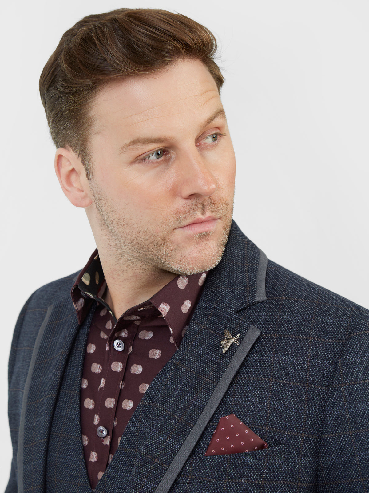 Regular fit grey and burgundy tailored single breasted check blazer Mish Mash 