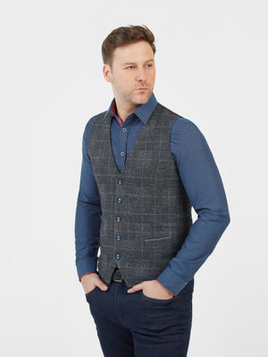 Regular fit single breasted grey check waistcoat with two internal and external jetted pockets mish mash jeans
