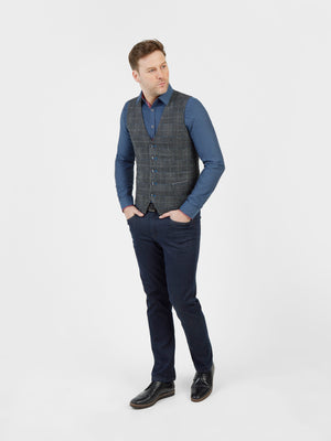 Regular fit single breasted grey check waistcoat with two internal and external jetted pockets mish mash jeans