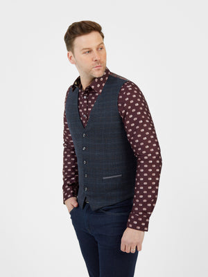 Regular fit grey check waistcoat with two external pockets finished with mock horn buttons mish mash jeans