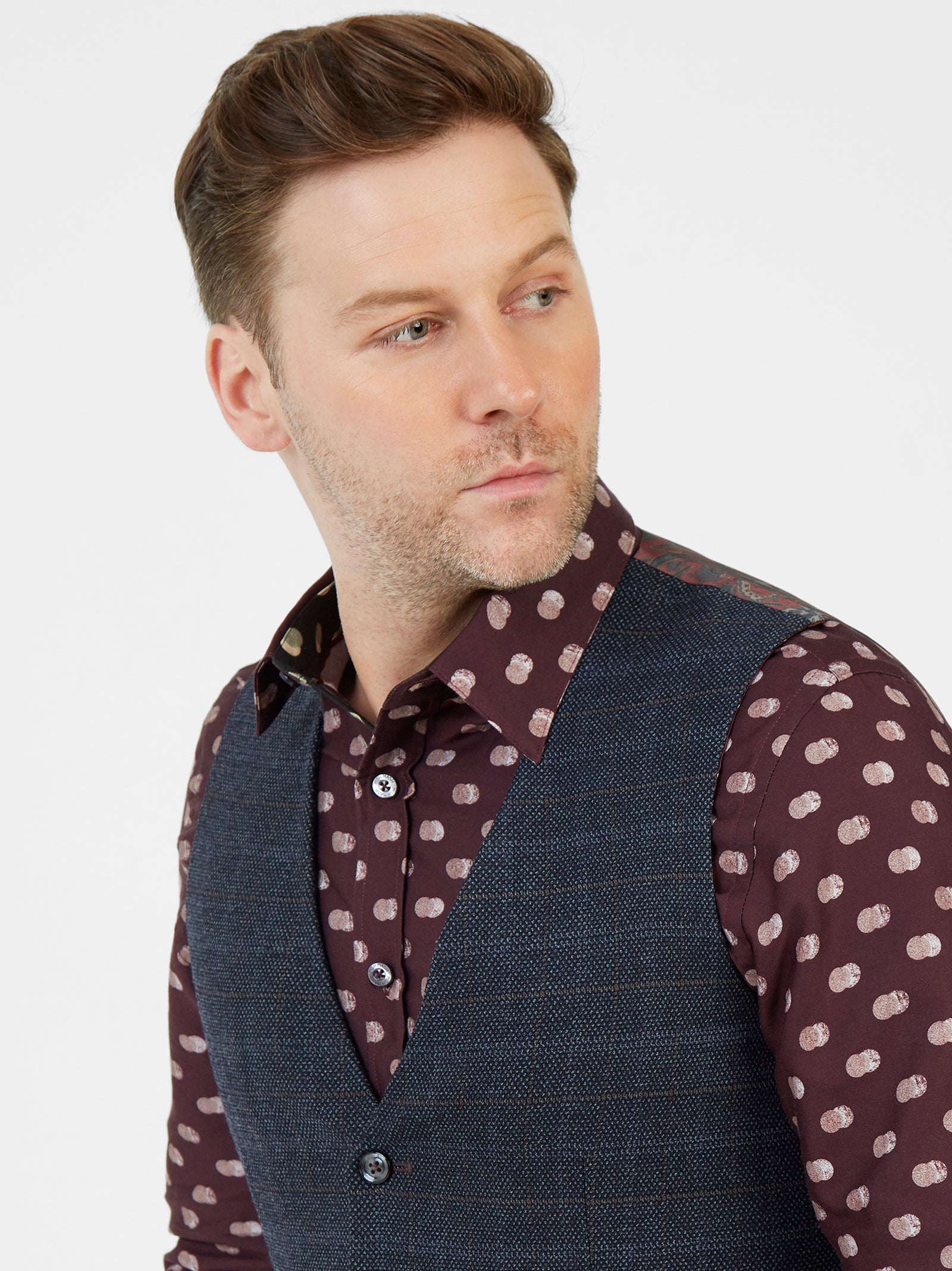 Regular fit grey check waistcoat with two external pockets finished with mock horn buttons mish mash jeans