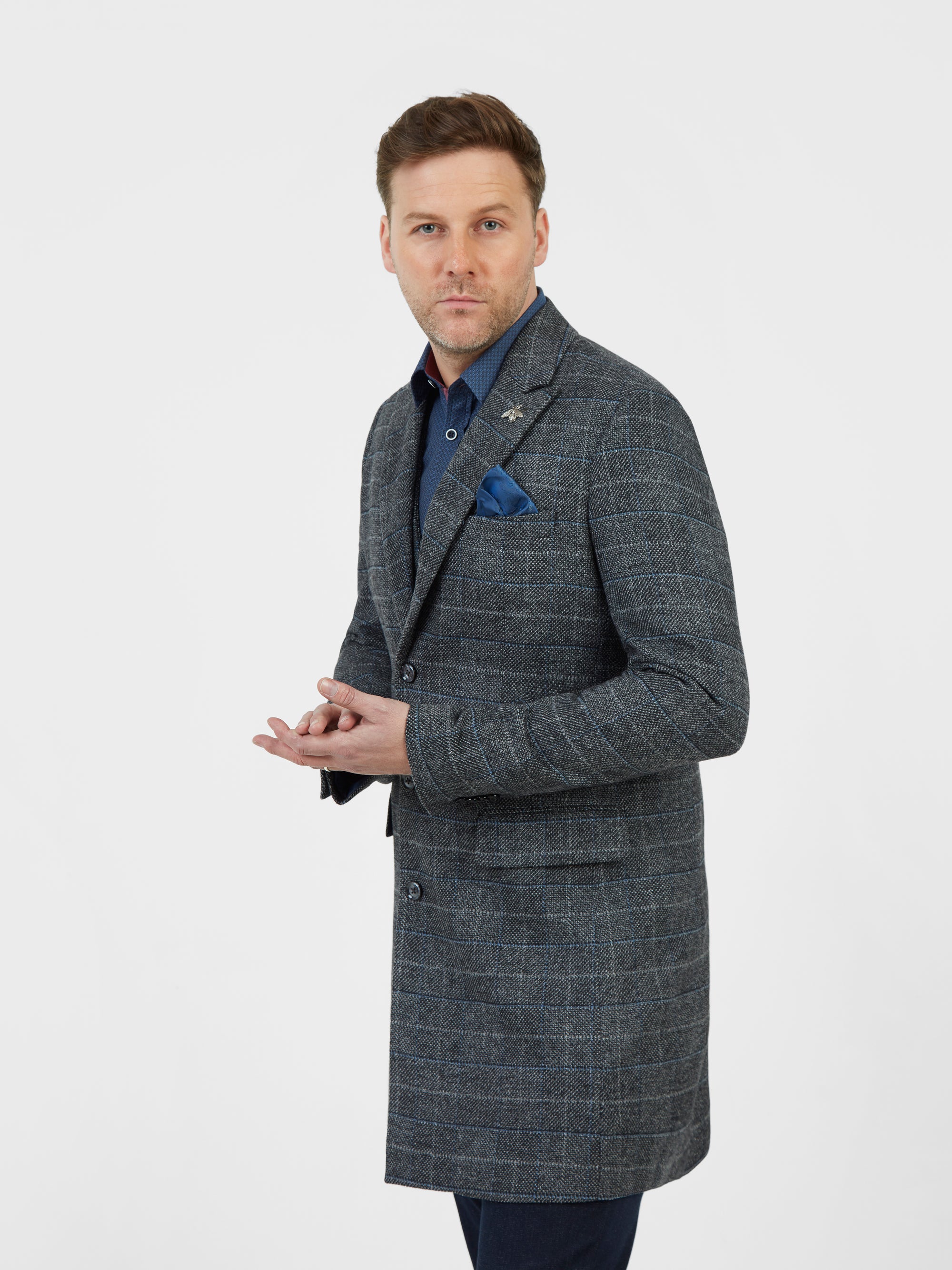Regular fit tailored mens grey check over coat mish mash jeans