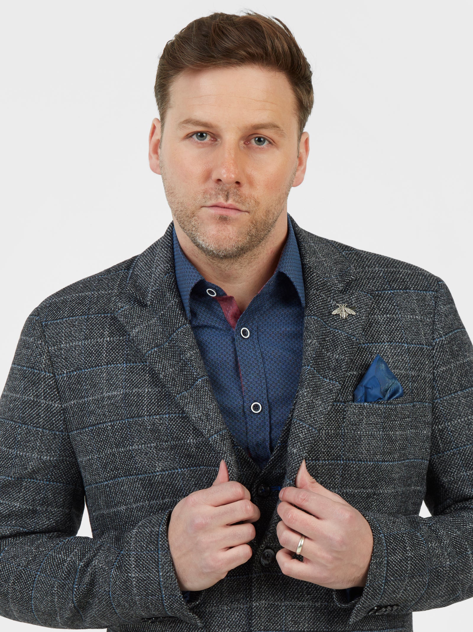 Regular fit tailored mens grey check over coat mish mash jeans