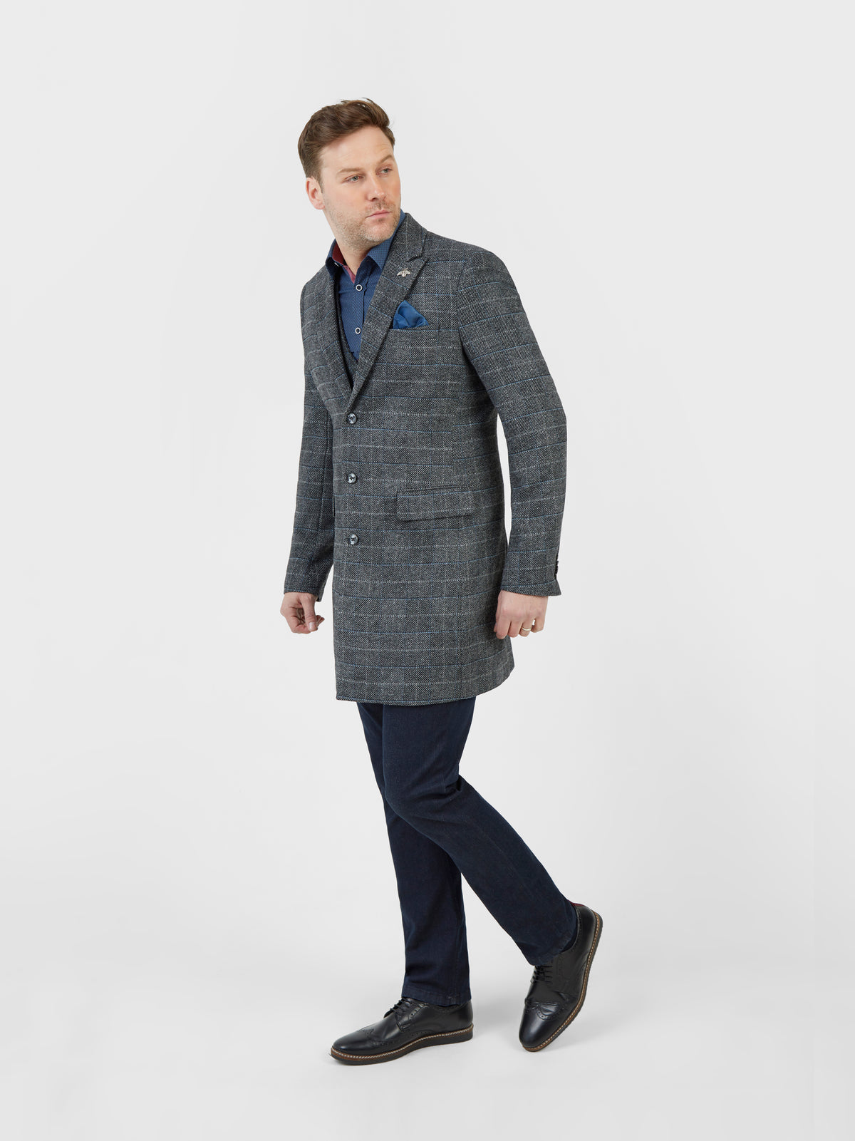 Regular fit tailored mens grey check over coat mish mash jeans
