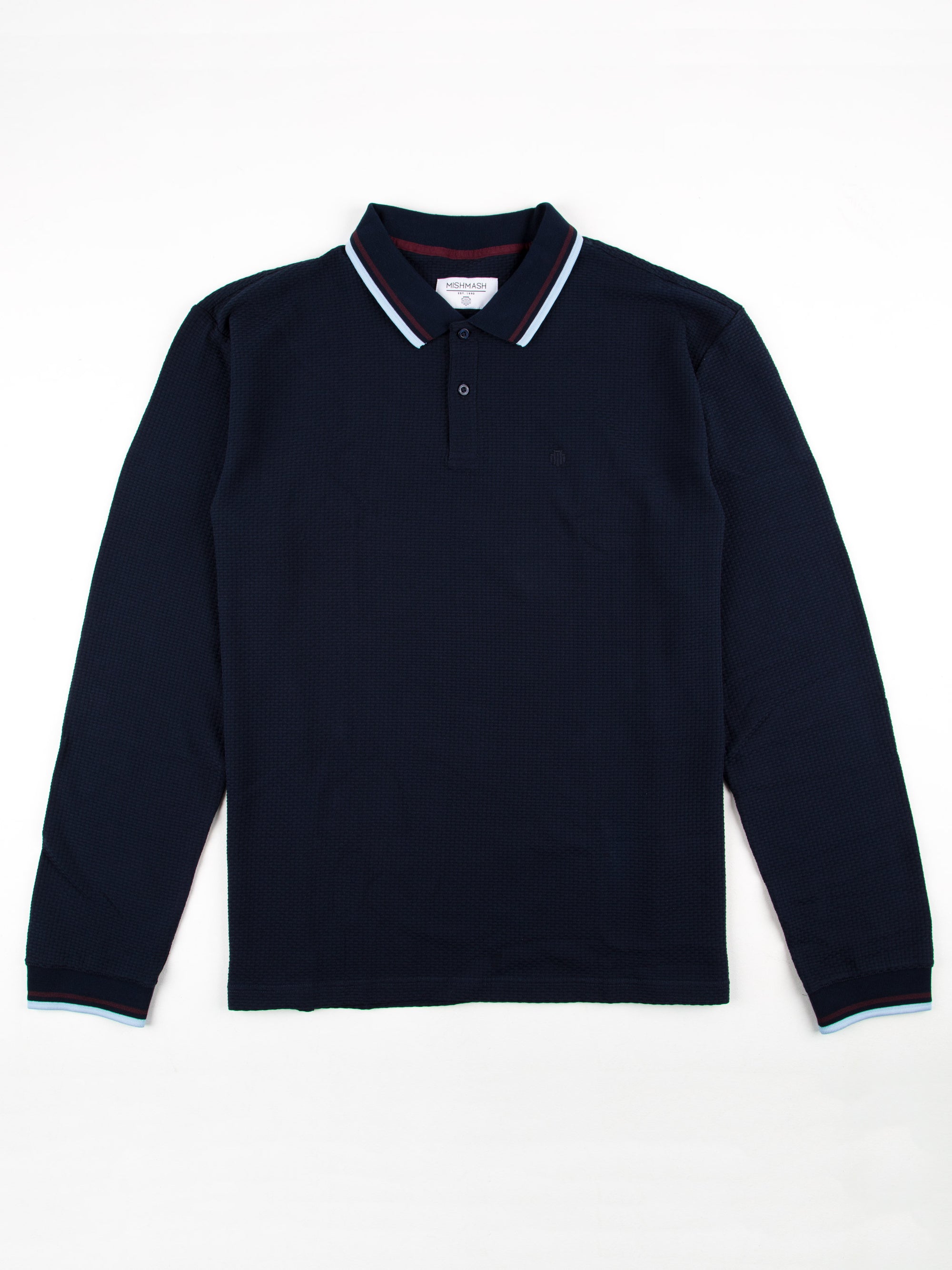 Regular Fit Textured Cotton Jersey Stockholm Navy Long Sleeve Polo